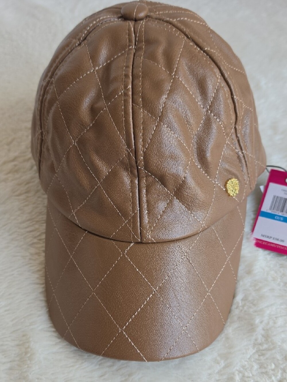 NWT Vince Camuto Brown Quilted Faux Leather Baseball Cap OS